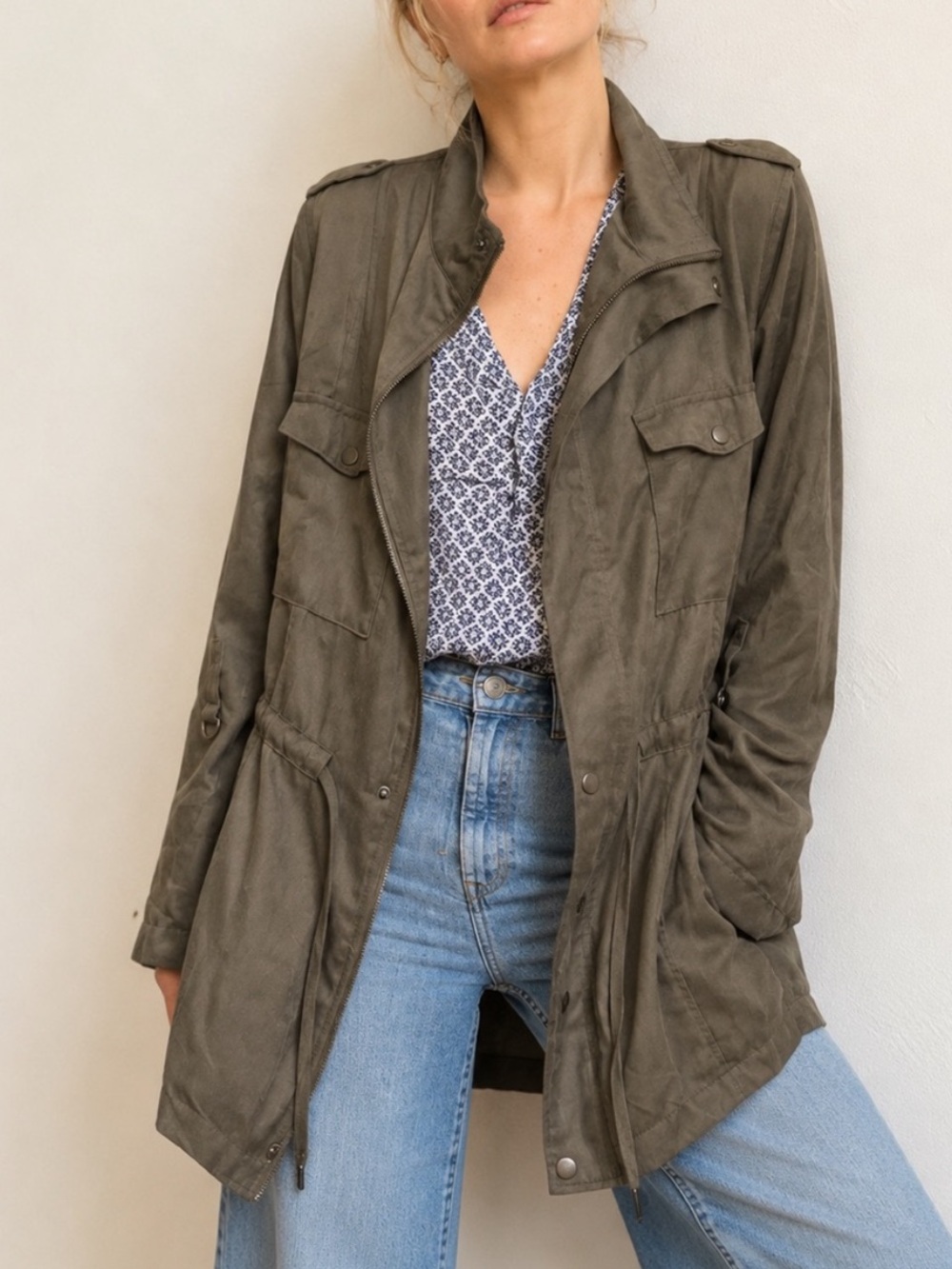Korye Olive Military Utility Jacket Drawstring Zip Snap Safari Cargo Coat Sz 1X